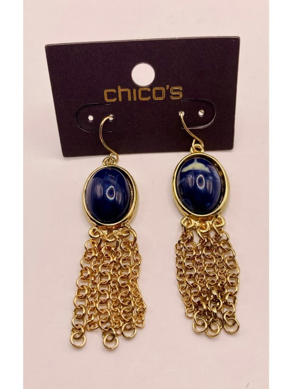 Chicos Gold-Tone Blue Oval Dangle Chain Fringe Drop Earrings -119B